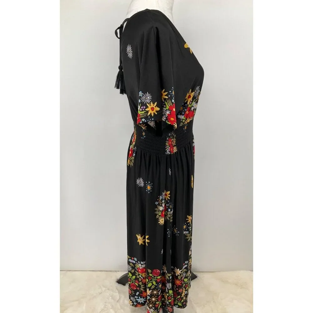 Lildy New Size L/XL Tassel Tie Back Maxi Dress Black Floral Boho - Picture 8 of 10